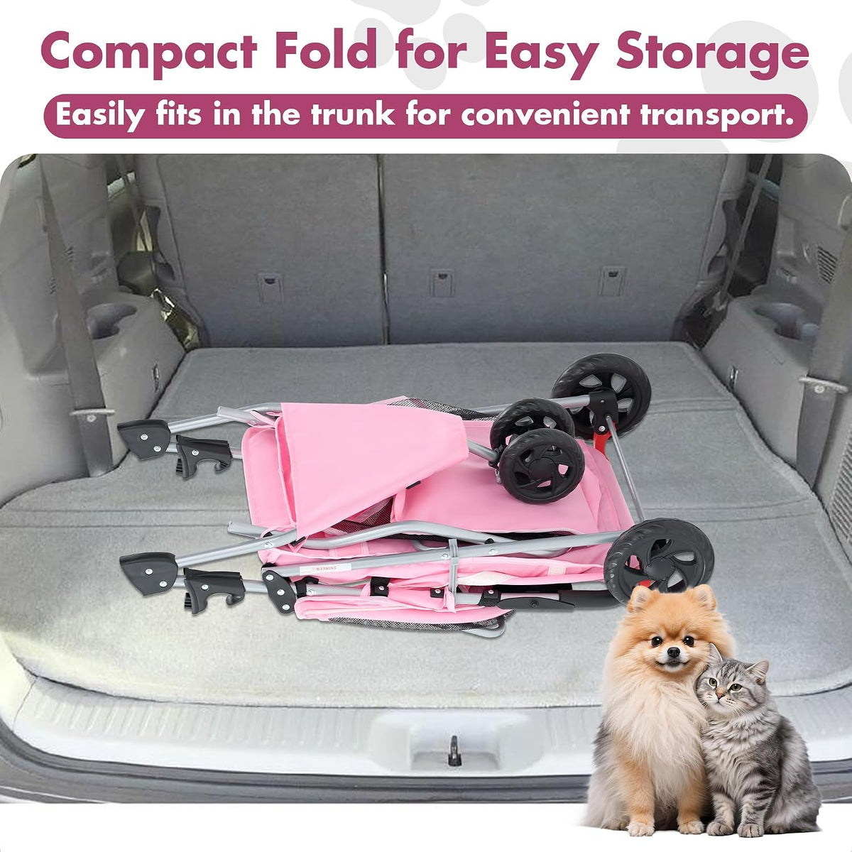 DUMOS 3-Wheel Foldable Pet Stroller with Storage & Cup Holder (Pink)