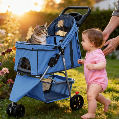 DUMOS Lightweight Foldable 3-Wheel Pet Stroller for Small Dogs and Cats (Blue)