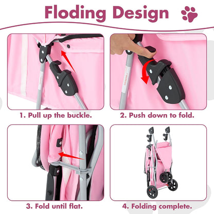 DUMOS 3-Wheel Foldable Pet Stroller with Storage & Cup Holder (Pink)
