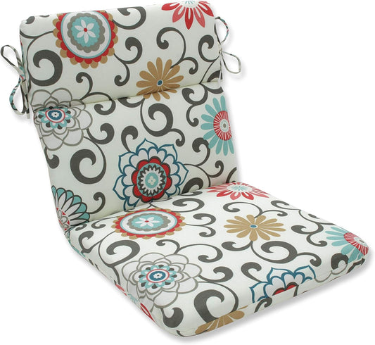 New Pillow Perfect Floral Indoor/Outdoor 1 Piece Split Back Chair Cushion with Ties Rounded Corners (Blue/Brown Pom Pom Play)