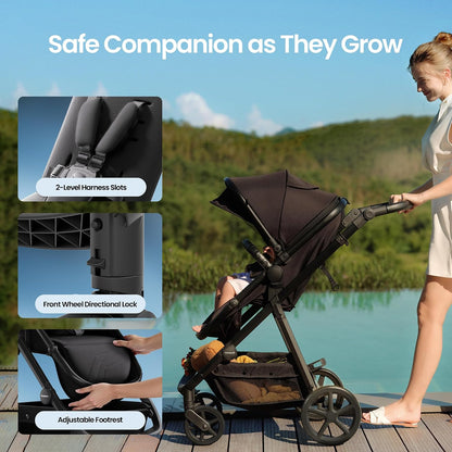 New Mompush Meteor2 Reversible Bassinet Stroller (Black)