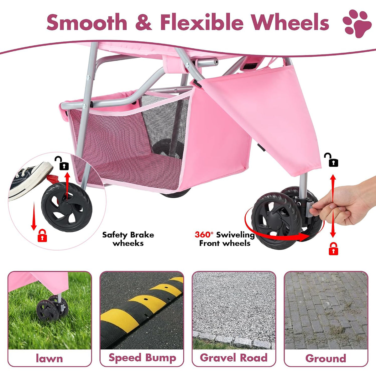 DUMOS 3-Wheel Foldable Pet Stroller with Storage & Cup Holder (Pink)