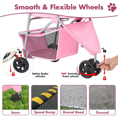 DUMOS 3-Wheel Foldable Pet Stroller with Storage & Cup Holder (Pink)