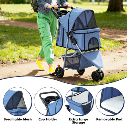 DUMOS Lightweight Foldable 3-Wheel Pet Stroller for Small Dogs and Cats (Blue)