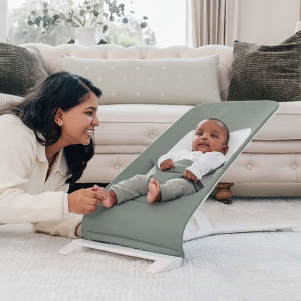 New Baby Delight Alpine Deluxe Portable Baby Bouncer (Organic Sage) - Kidsy