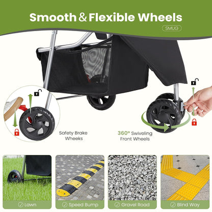DUMOS 3-Wheel Foldable Pet Stroller with Storage & Cup Holder (Black)