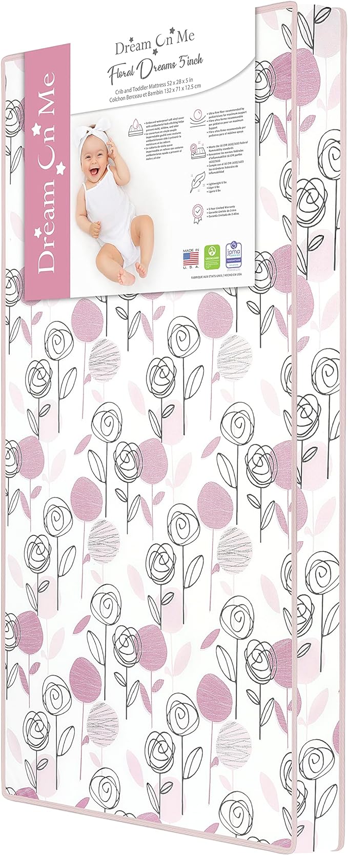 New Dream on Me Floral Dreams Firm Fiber Standard Crib Mattress (Rose Pink)