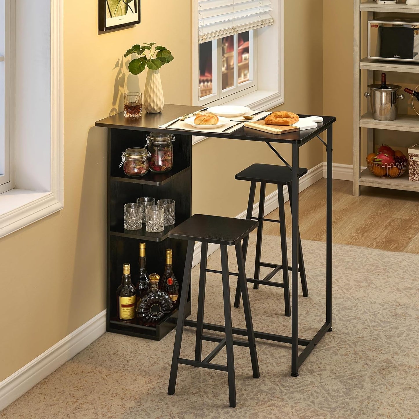 New Small Bar Table and Chairs Set for 2, 3-Piece Bar Table Set with 3 Tier Storage Shelves (Black)