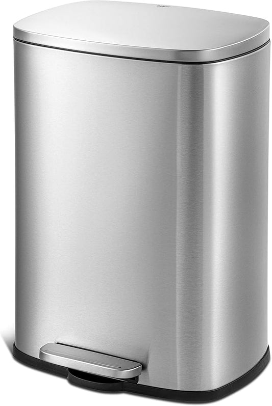 New QUALIAZERO 50L/13Gal Heavy Duty Hands-Free Stainless Steel Commercial/Kitchen Step Trash Can (Rectangle Shape)