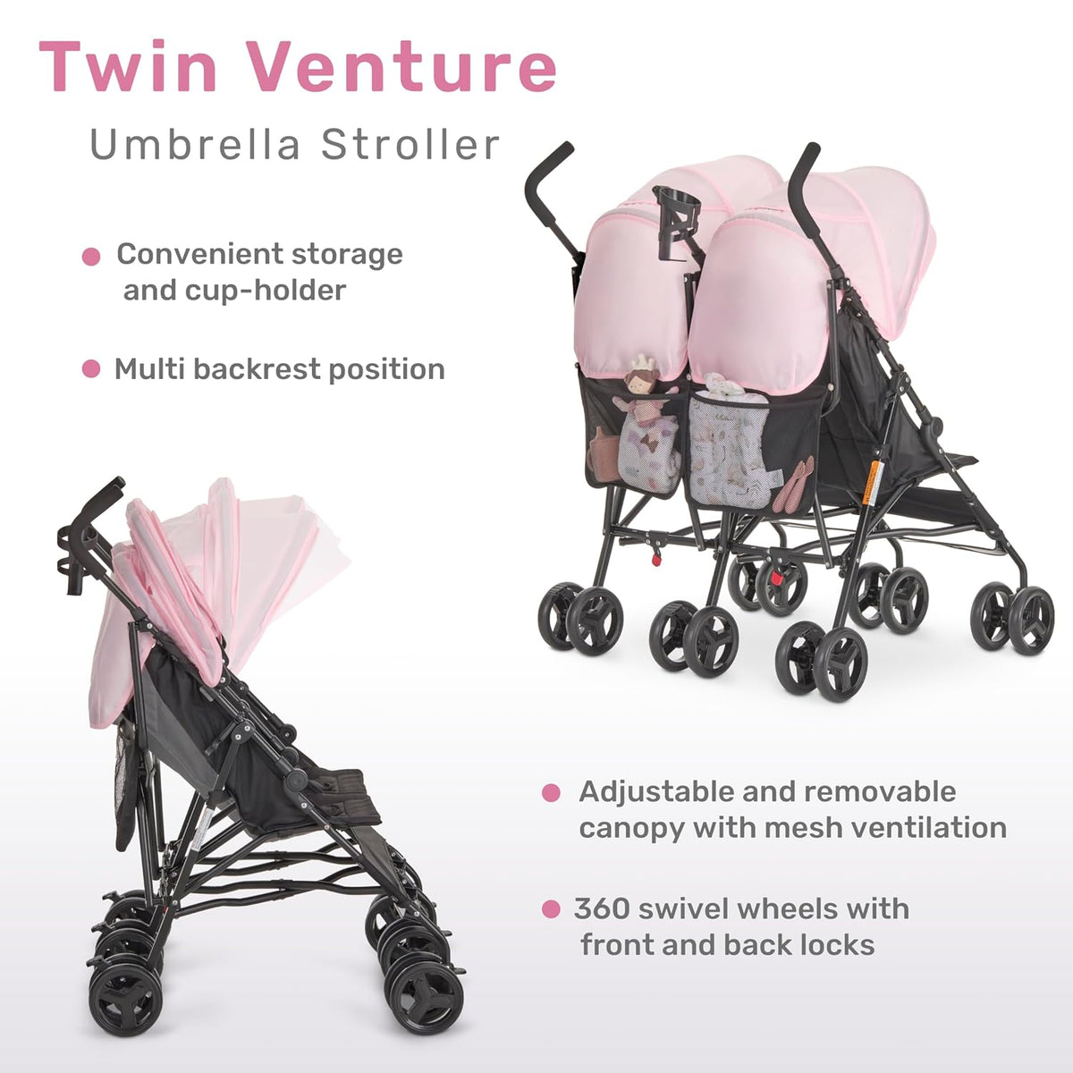 Dream On Me Twin Venture Umbrella Stroller (Pink)