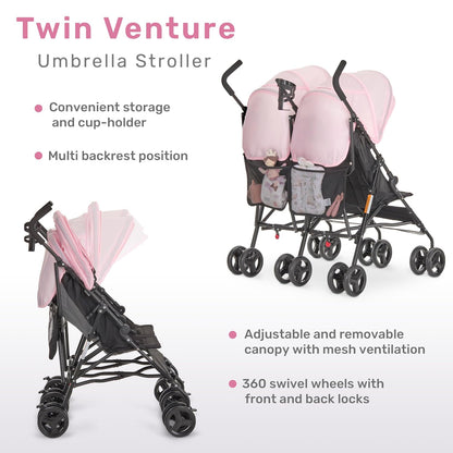 Dream On Me Twin Venture Umbrella Stroller (Pink)