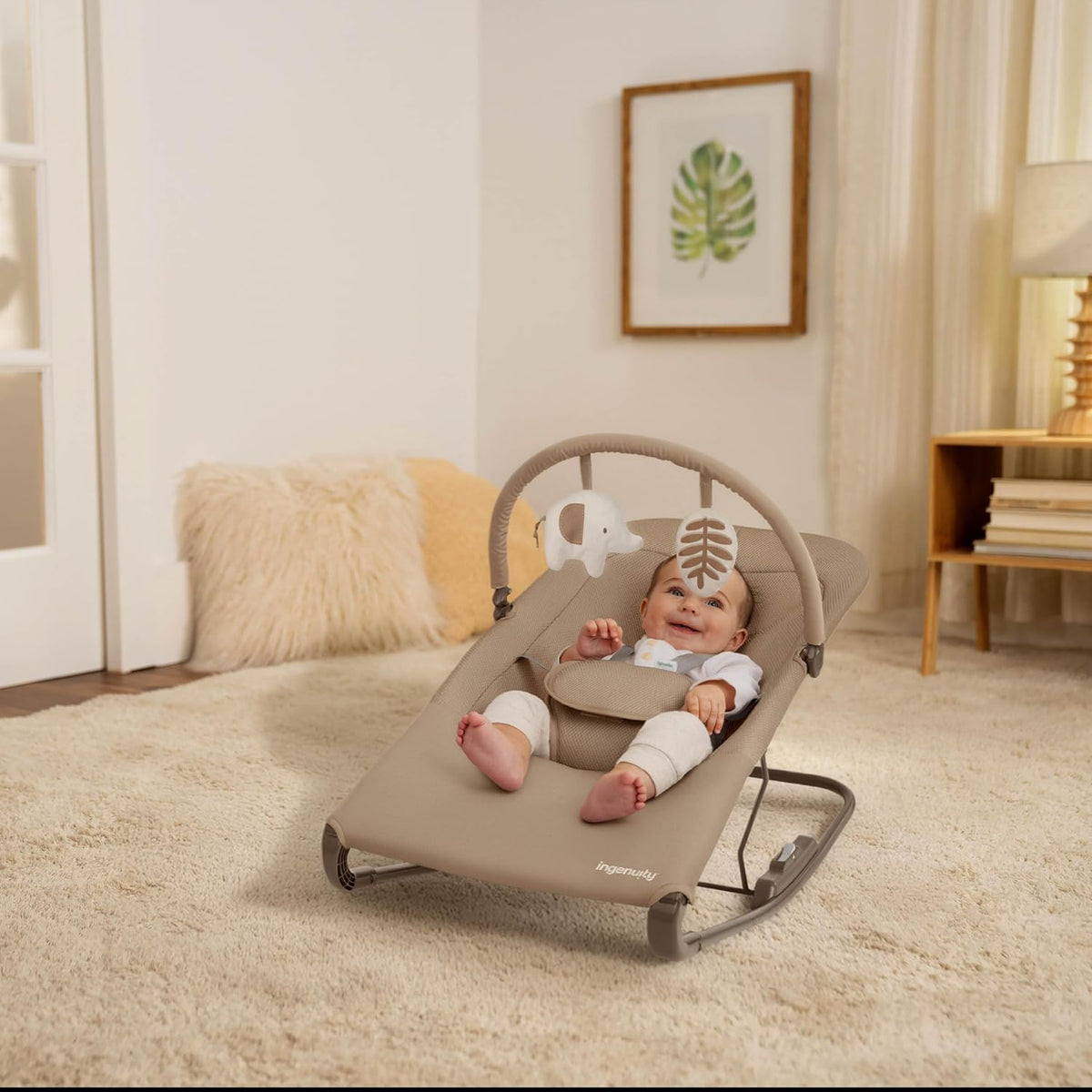 New Ingenuity Nestle Foldable Vibrating Baby Rocker with 2-Position Recline (Tan)