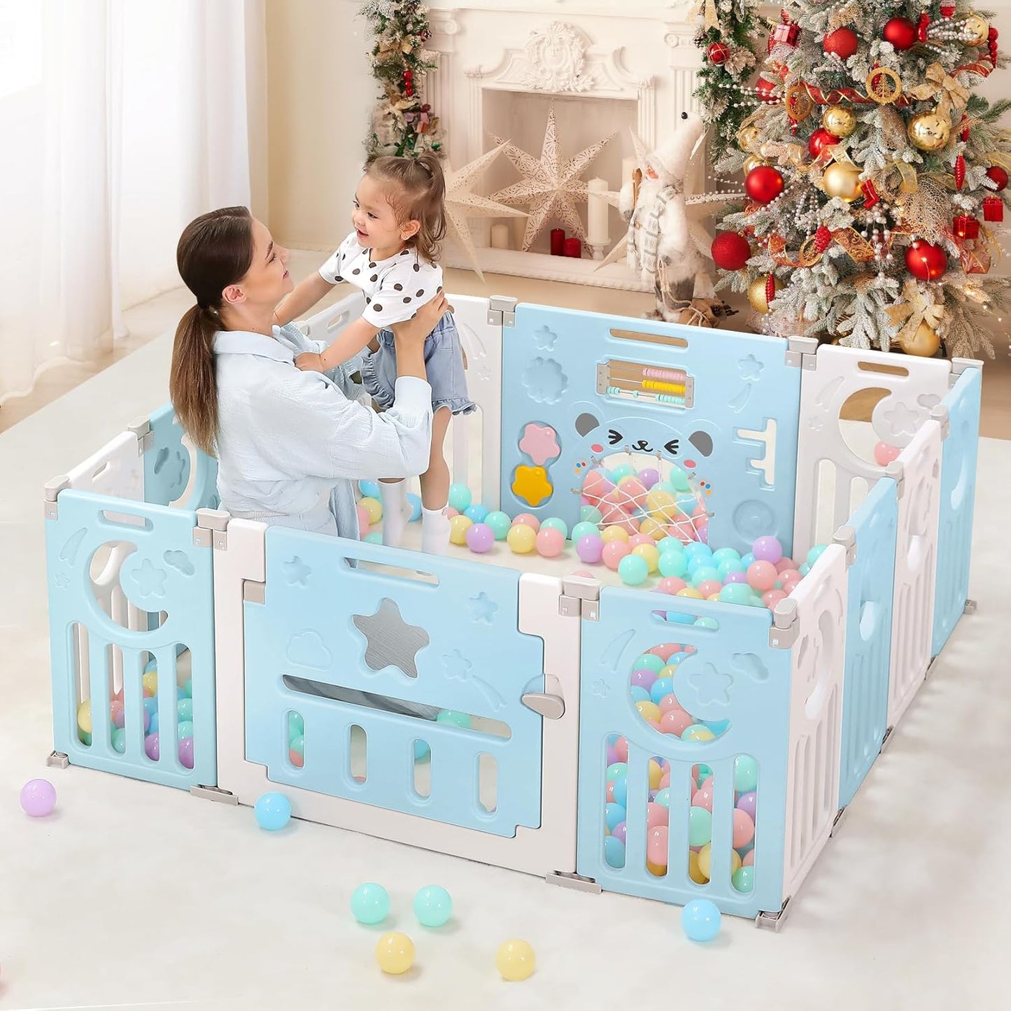 Dripex 14-Panel Foldable Baby Playpen with Safety Gate (Blue/White)