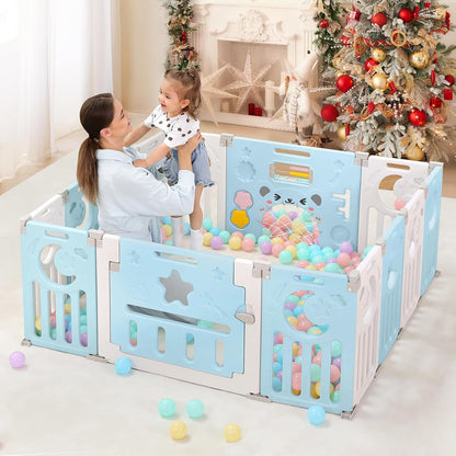 Dripex 14-Panel Foldable Baby Playpen with Safety Gate (Blue/White)