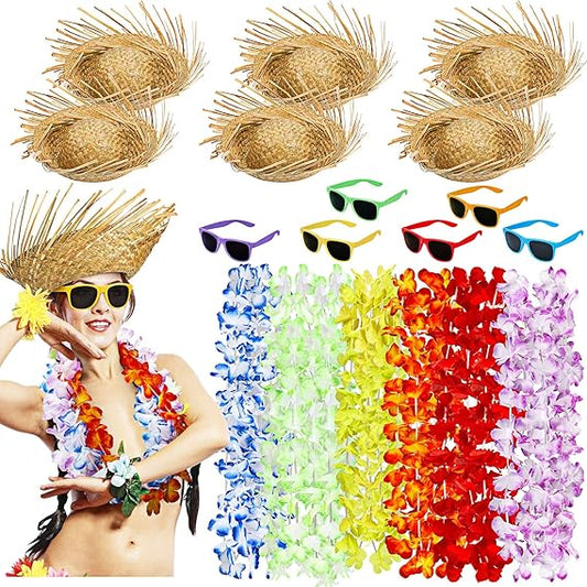 New 18 Pcs Hawaiian Luau Party Accessories 6 Pcs Hawaiian Luau Hat with 6 Luau Party Sunglasses - Summer Beach Themed Party