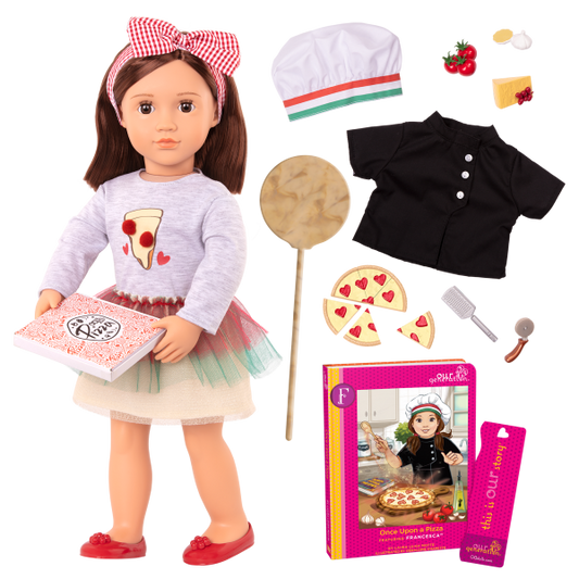 New Our Generation Posable 18" Pizza Chef Doll with Storybook - Francesca