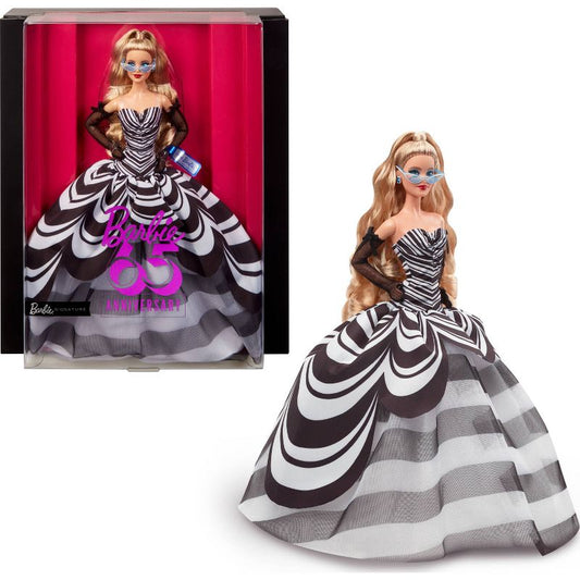 New Barbie Signature 65th Blue Sapphire Anniversary Fashion Doll with Blonde Hair Black and White Gown