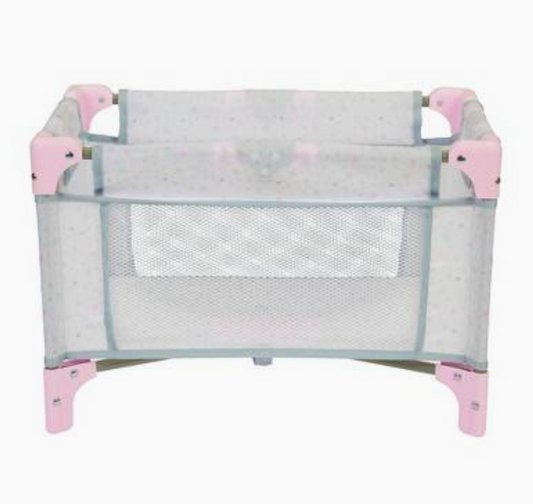 Perfectly Cute Star Print Folding Crib For Baby Doll (Pink- Grey)