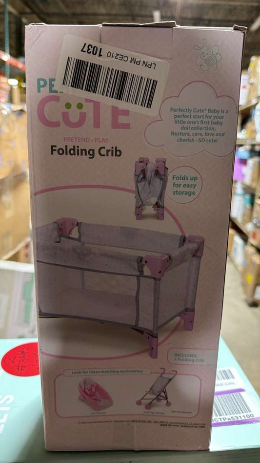 Perfectly Cute Star Print Folding Crib For Baby Doll (Pink- Grey)