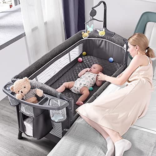 ADOVEL Baby Bassinet Bedside Crib, Pack and Play with Mattress (Grey) - Kidsy