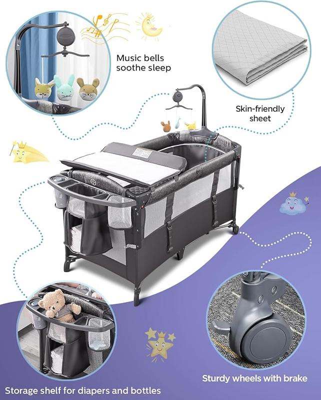 ADOVEL Baby Bassinet Pack and Play with Changer (Grey) - Kidsy