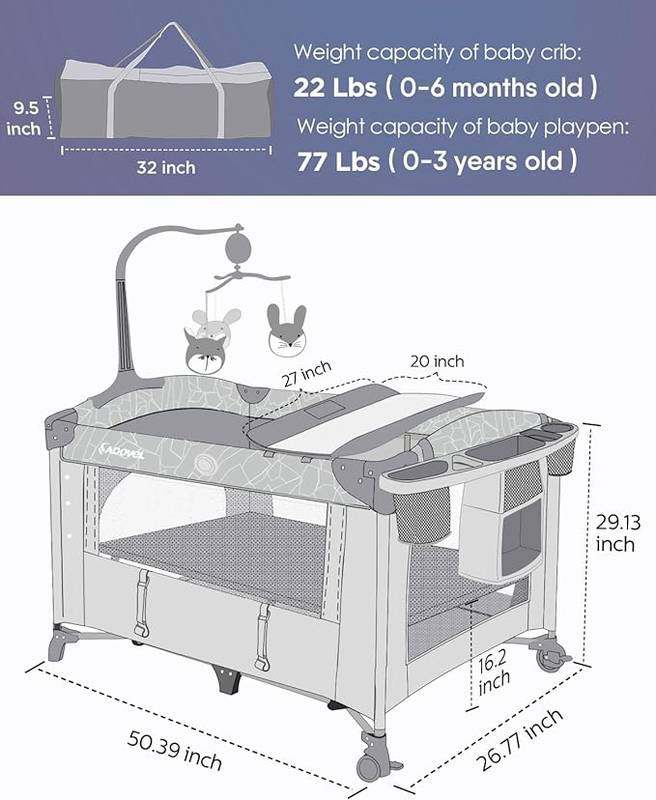 ADOVEL Baby Bassinet Pack and Play with Changer (Grey) - Kidsy