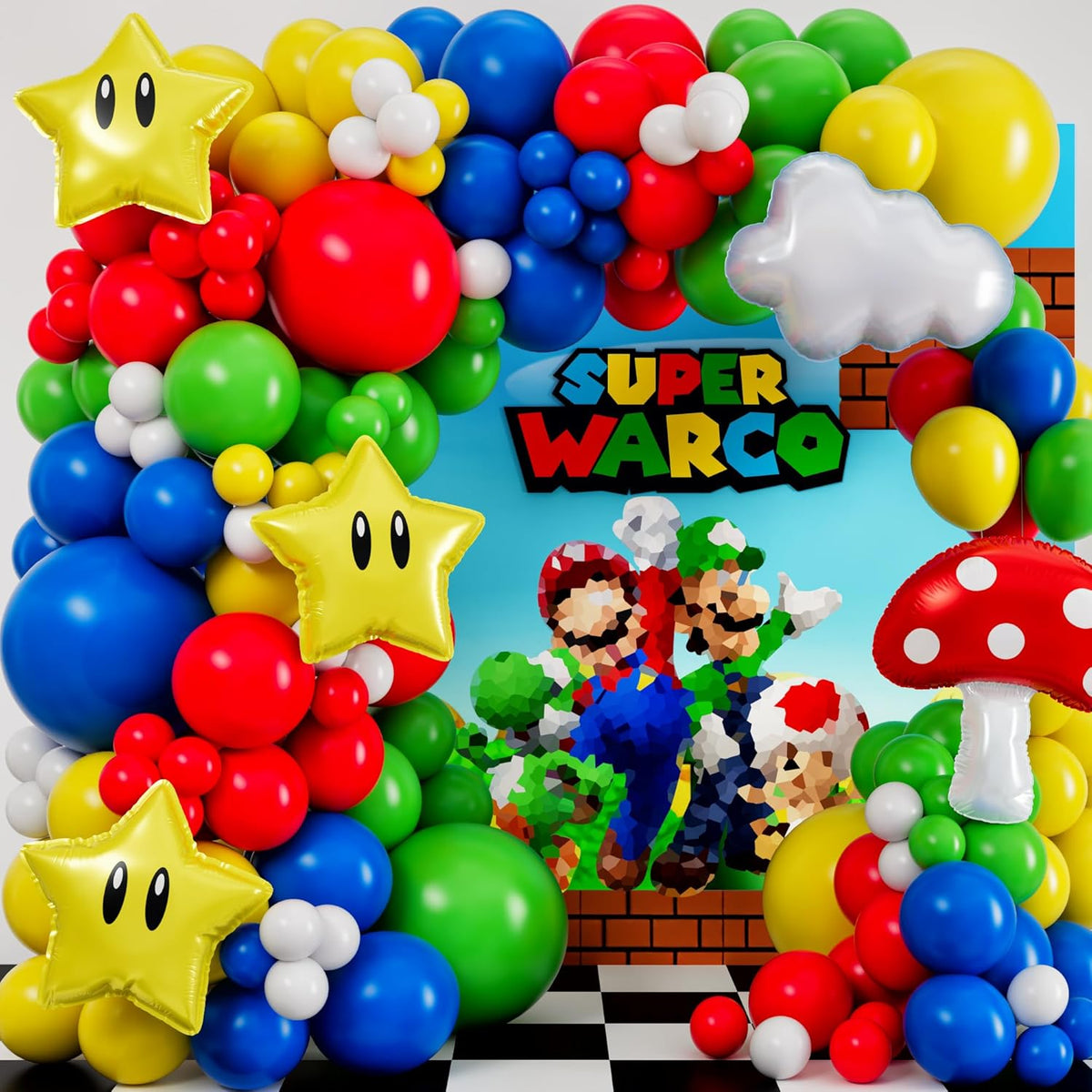 ALL-IN-1 Super Adventure Balloon Arch Kit with BONUS Mushroom, Cloud & Star Balloons - Kidsy