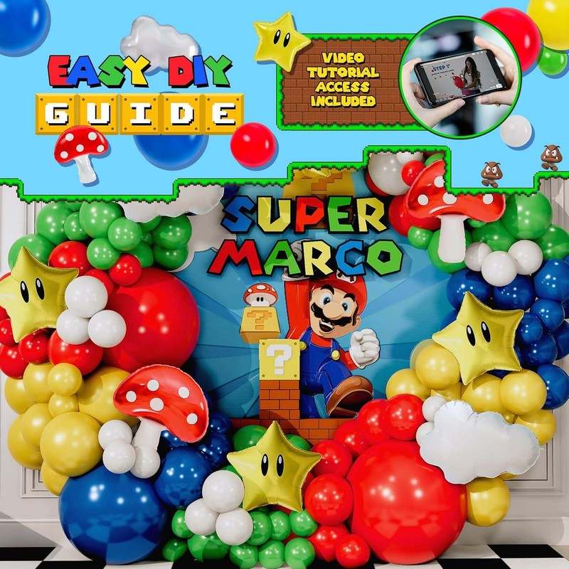 ALL - IN - 1 Super Adventure Balloon Arch Kit with BONUS Mushroom, Cloud & Star Balloons for Bros Party Decorations - Kidsy