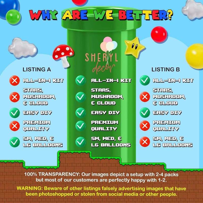 ALL - IN - 1 Super Adventure Balloon Arch Kit with BONUS Mushroom, Cloud & Star Balloons for Bros Party Decorations - Kidsy