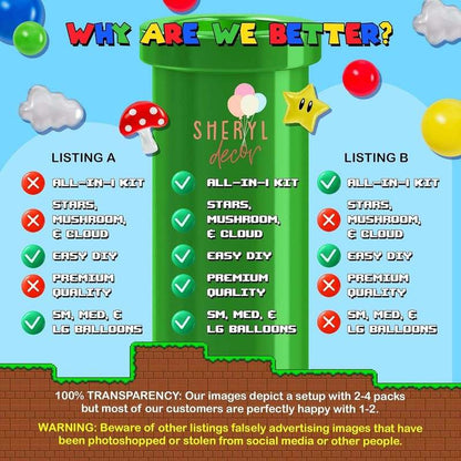 ALL - IN - 1 Super Adventure Balloon Arch Kit with BONUS Mushroom, Cloud & Star Balloons for Bros Party Decorations - Kidsy