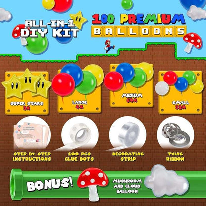 ALL - IN - 1 Super Adventure Balloon Arch Kit with BONUS Mushroom, Cloud & Star Balloons for Bros Party Decorations - Kidsy