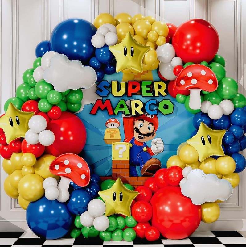 ALL - IN - 1 Super Adventure Balloon Arch Kit with BONUS Mushroom, Cloud & Star Balloons for Bros Party Decorations - Kidsy