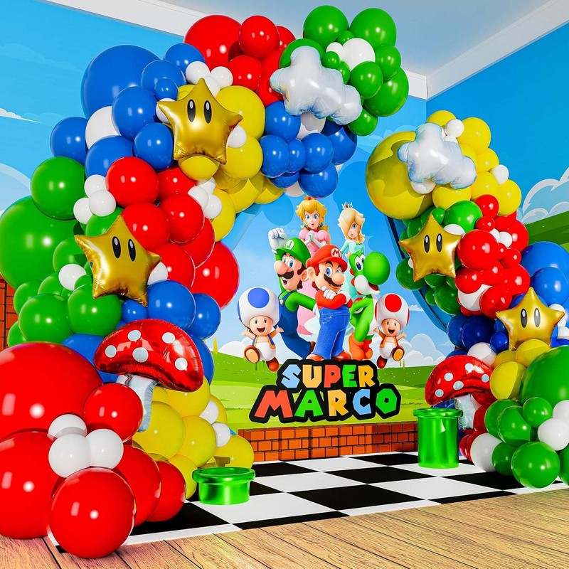 ALL - IN - 1 Super Adventure Balloon Arch Kit with BONUS Mushroom, Cloud & Star Balloons for Bros Party Decorations - Kidsy