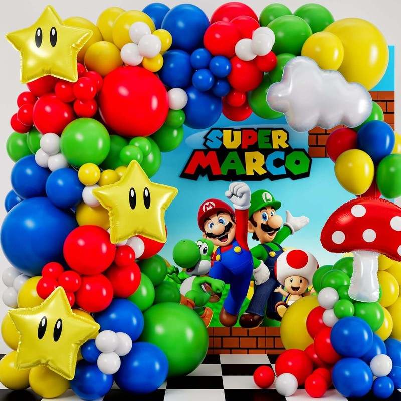 ALL - IN - 1 Super Adventure Balloon Arch Kit with BONUS Mushroom, Cloud & Star Balloons for Bros Party Decorations - Kidsy