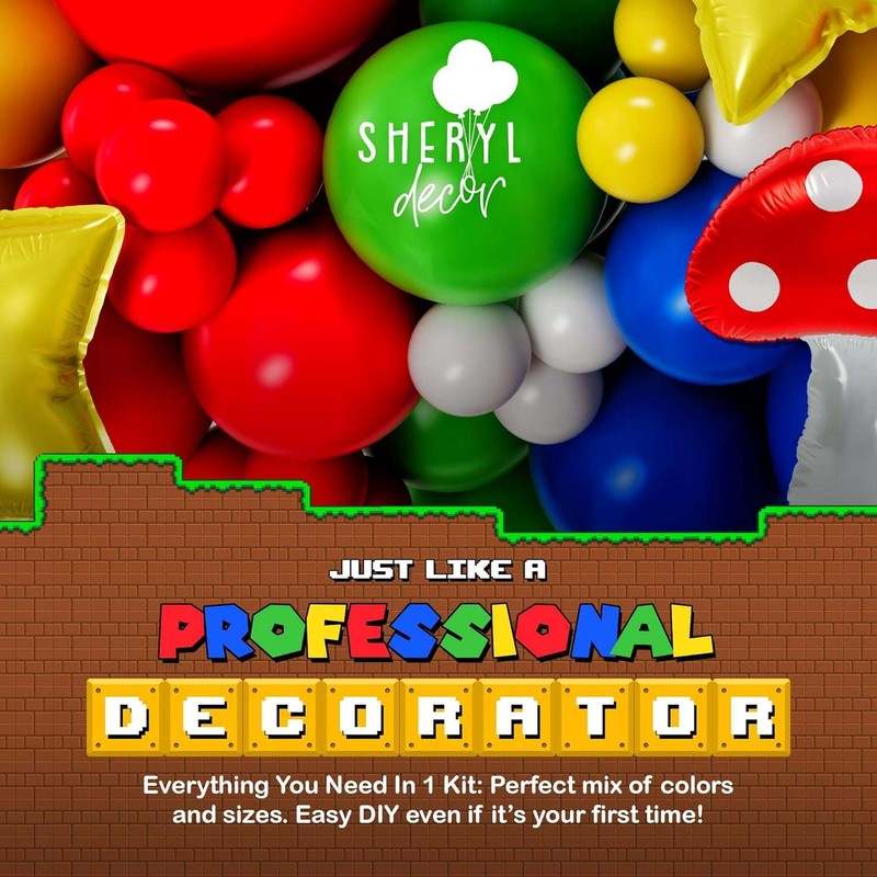 ALL - IN - 1 Super Adventure Balloon Arch Kit with BONUS Mushroom, Cloud & Star Balloons for Bros Party Decorations - Kidsy