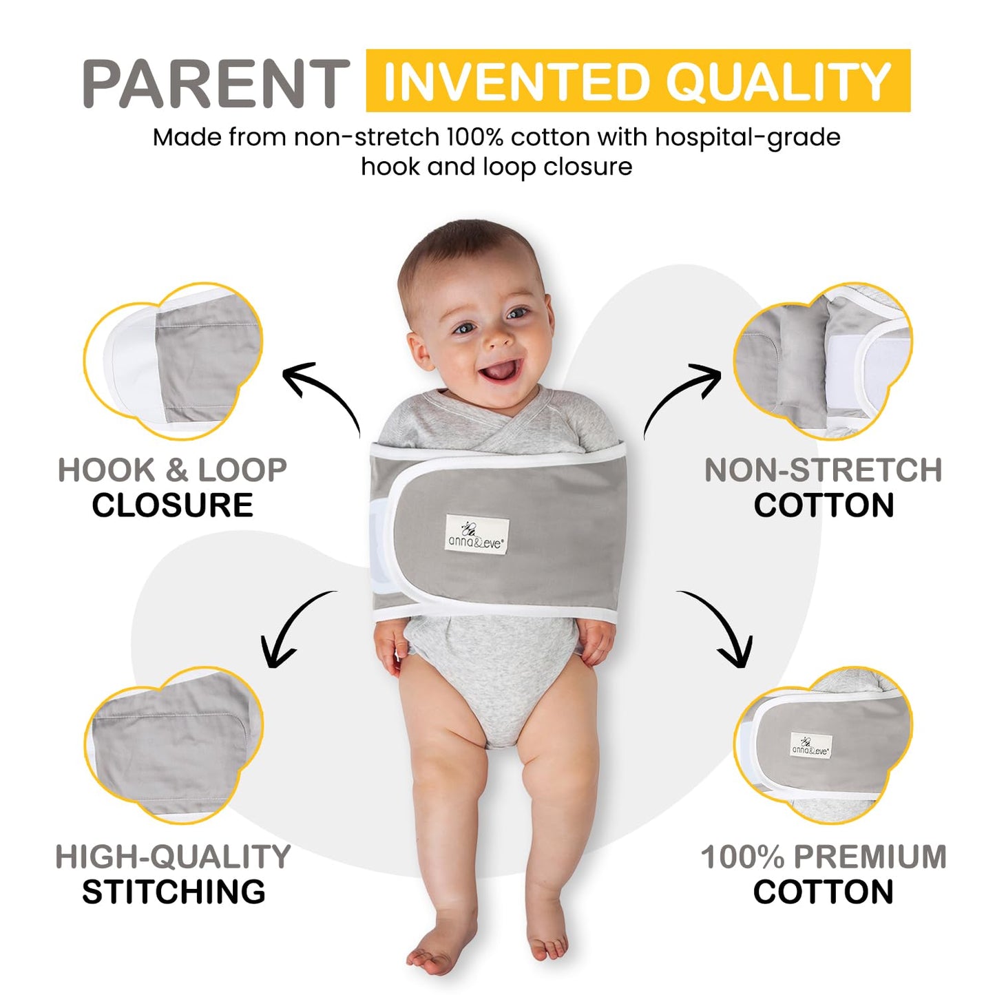 Anna & Eve Baby Swaddle Strap - Arms - Only, Adjustable Small (Grey) - Kidsy