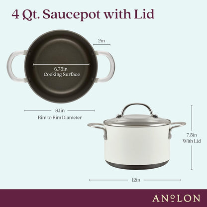 Anolon Achieve Hard Anodized Nonstick Saucepot with Lid, 4 Quart (Cream) - Kidsy