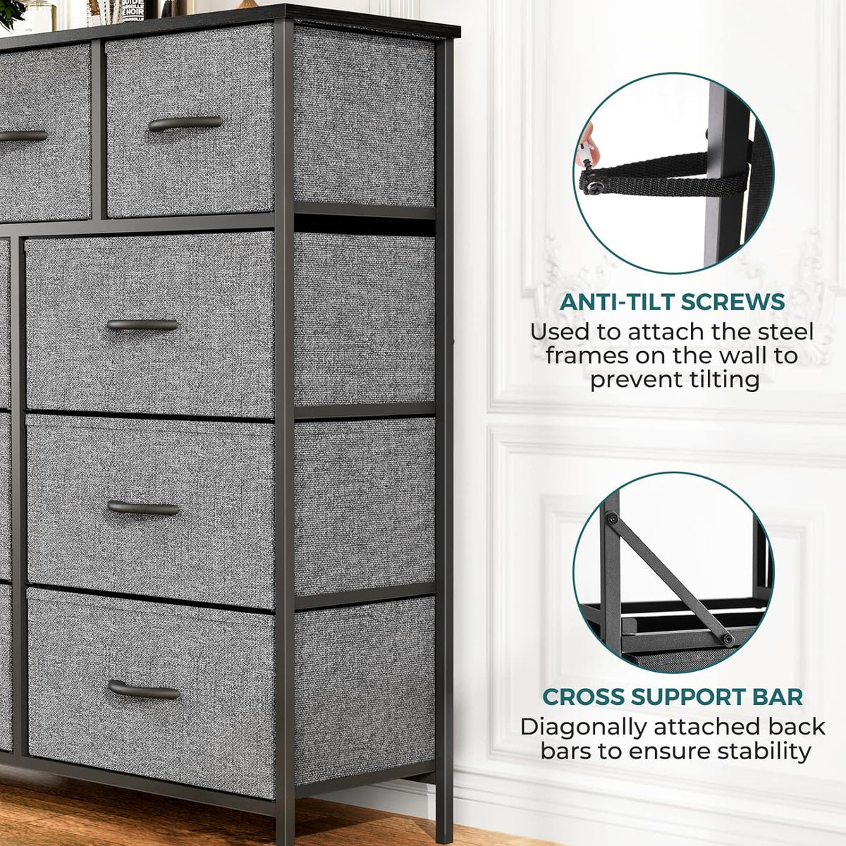 Atilioo Dresser for Bedroom with 9 Drawers Anti - Tip Fabric Storage Tower (Grey) - Kidsy