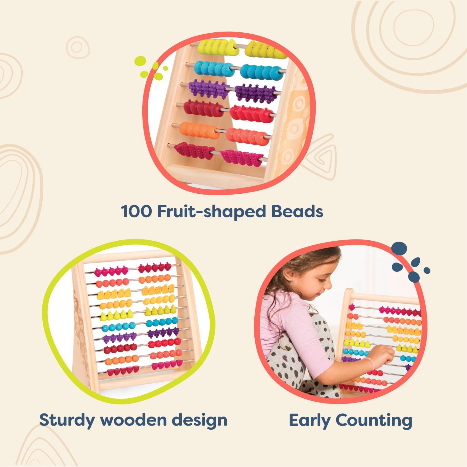 B. Toys Fruity Wooden Abacus Counting Toy (100 Beads) - Kidsy