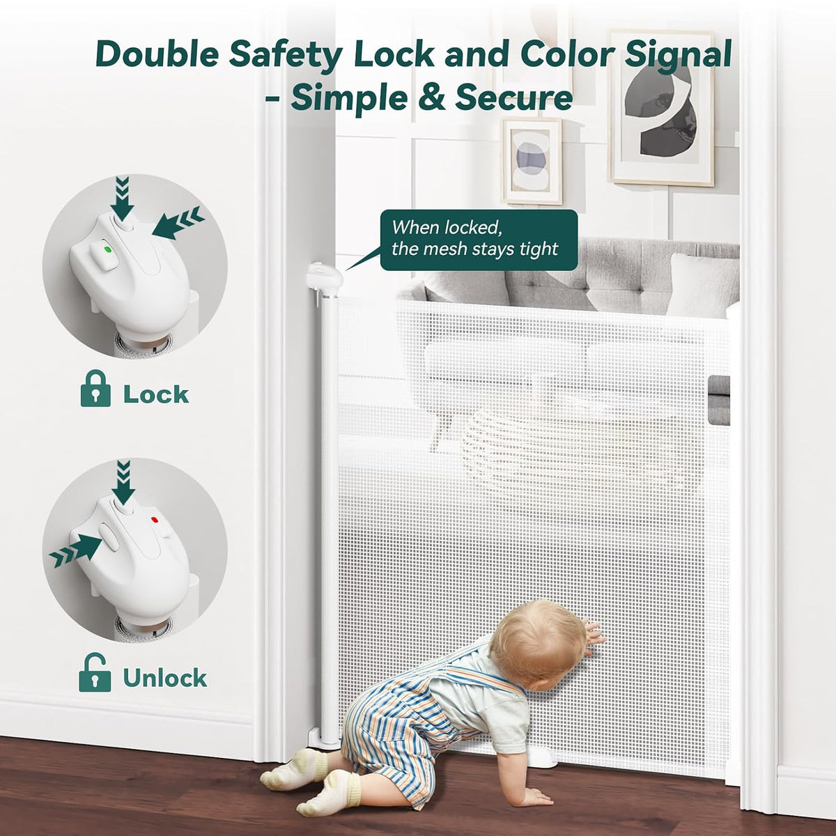 Babepai Retractable Baby & Dog Gate, 34 in Tall x 54 in Wide (White) - Kidsy