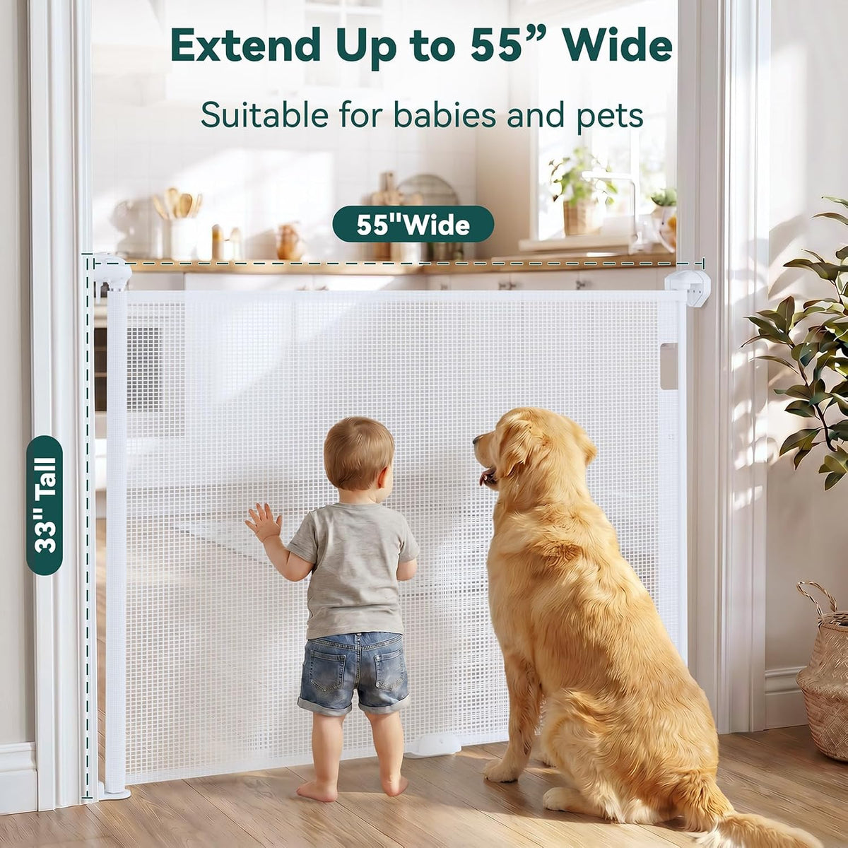 Babepai Retractable Baby & Dog Gate, 34 in Tall x 54 in Wide (White) - Kidsy