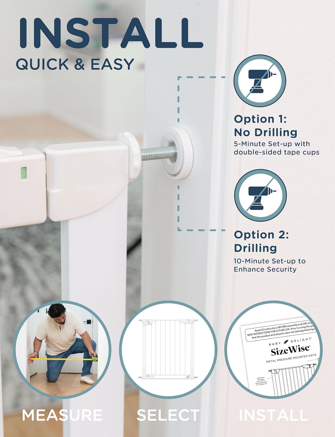 Baby Delight 26.75-29.5" SizeWise™ Metal Pressure Mounted Baby & Pet Gate (White) - Kidsy