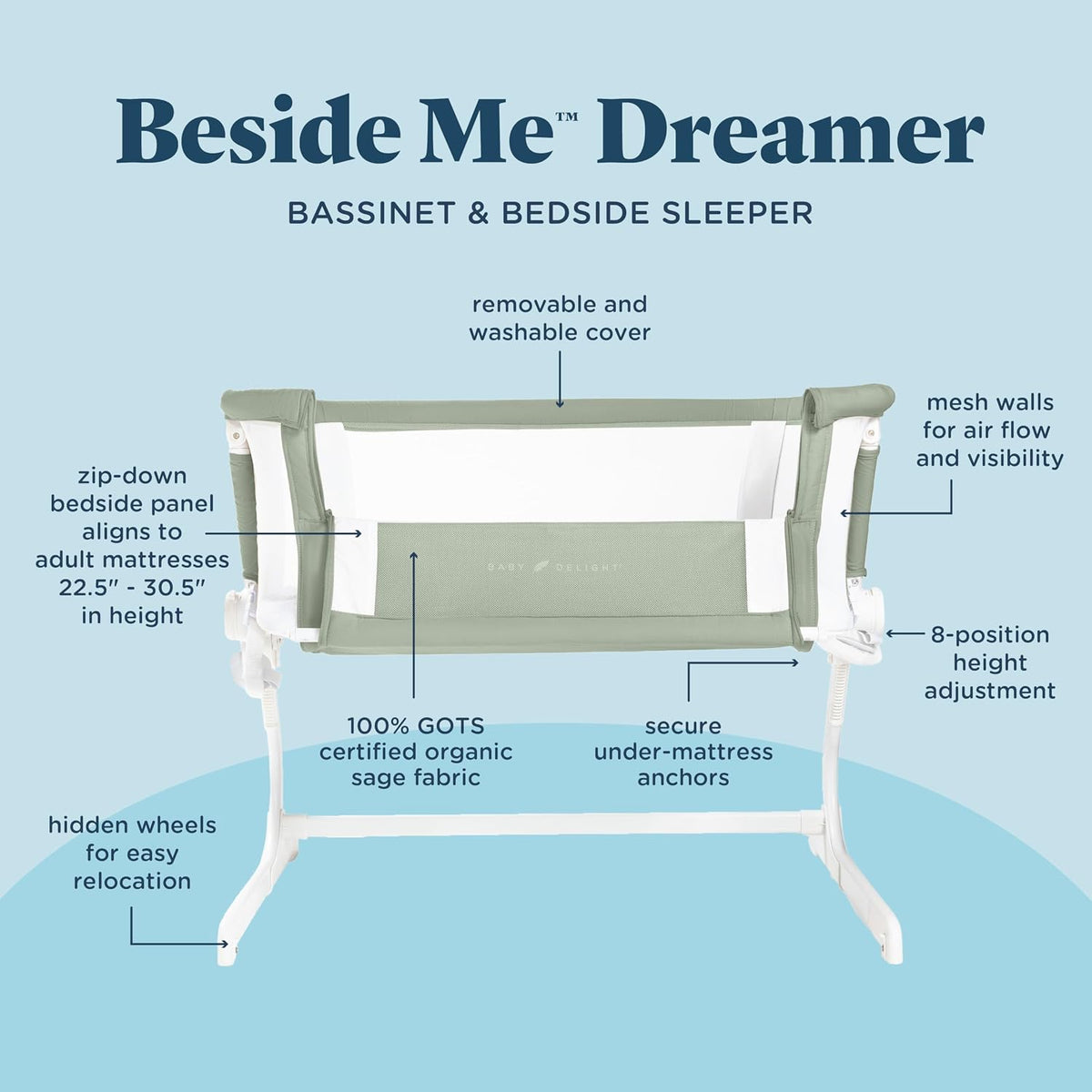 Baby Delight Beside Me Dreamer Bassinet & Bedside Sleeper (Organic Sage) - Kidsy