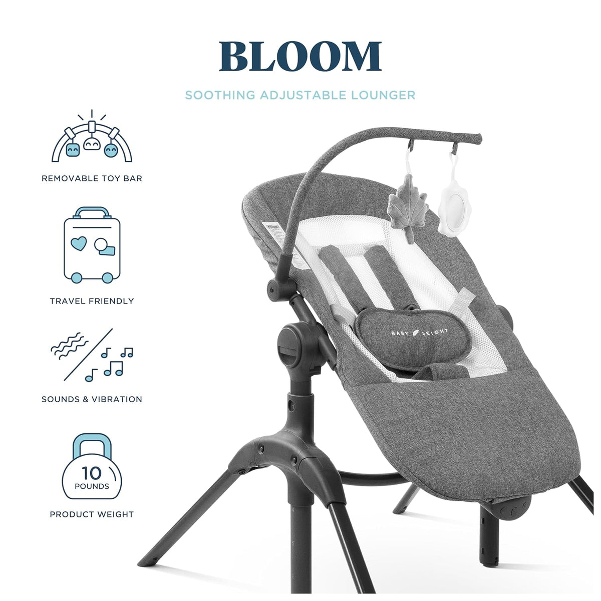 Baby Delight Bloom Baby Seat & Lounger with Sounds & Vibrations (Charcoal Tweed) - Kidsy