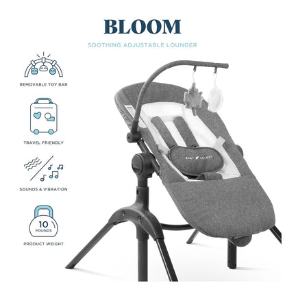 Baby Delight Bloom Baby Seat & Lounger with Sounds & Vibrations (Charcoal Tweed) - Kidsy
