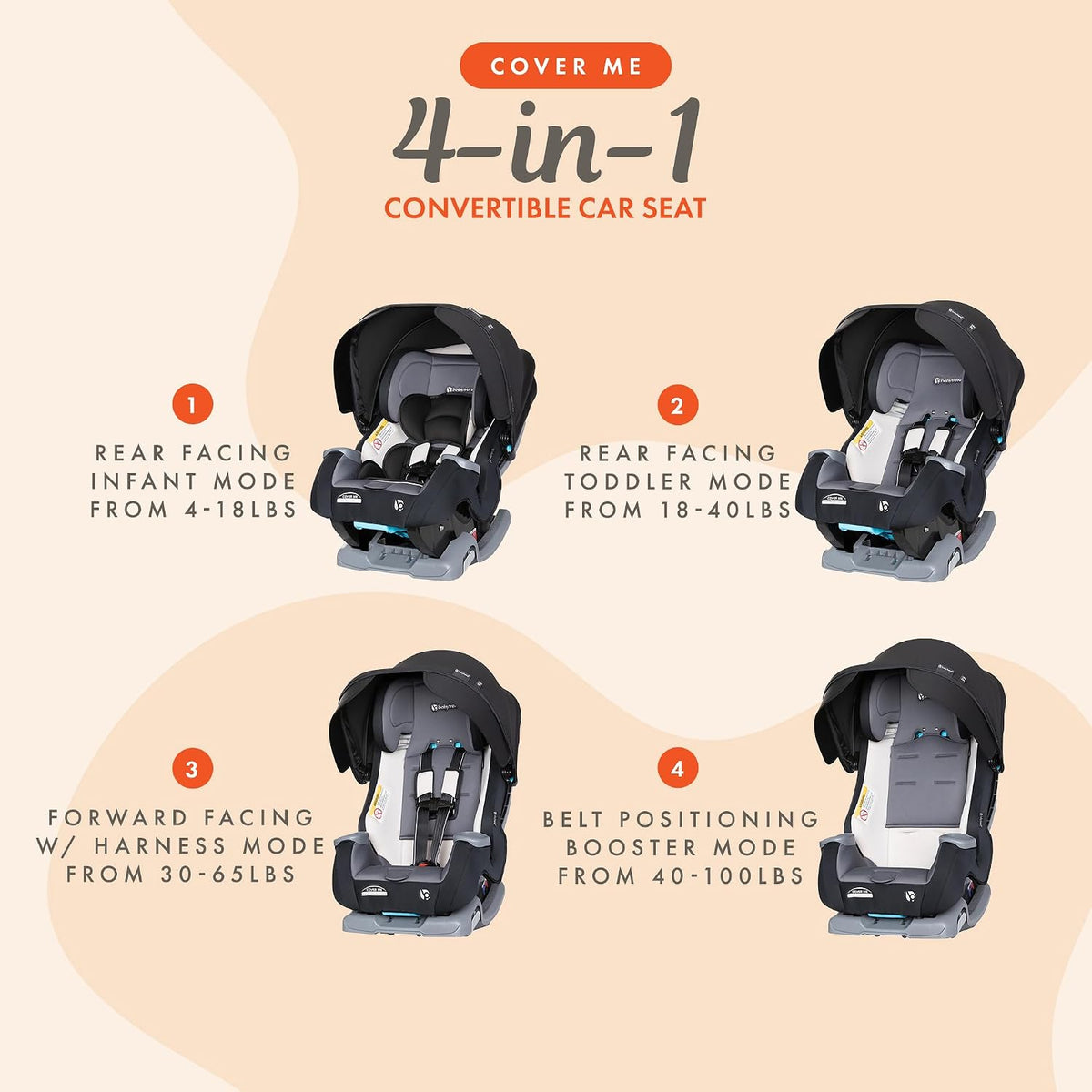 Baby Trend Cover Me 4-in-1 Infant/Toddler Convertible Car Seat (Black) - Kidsy