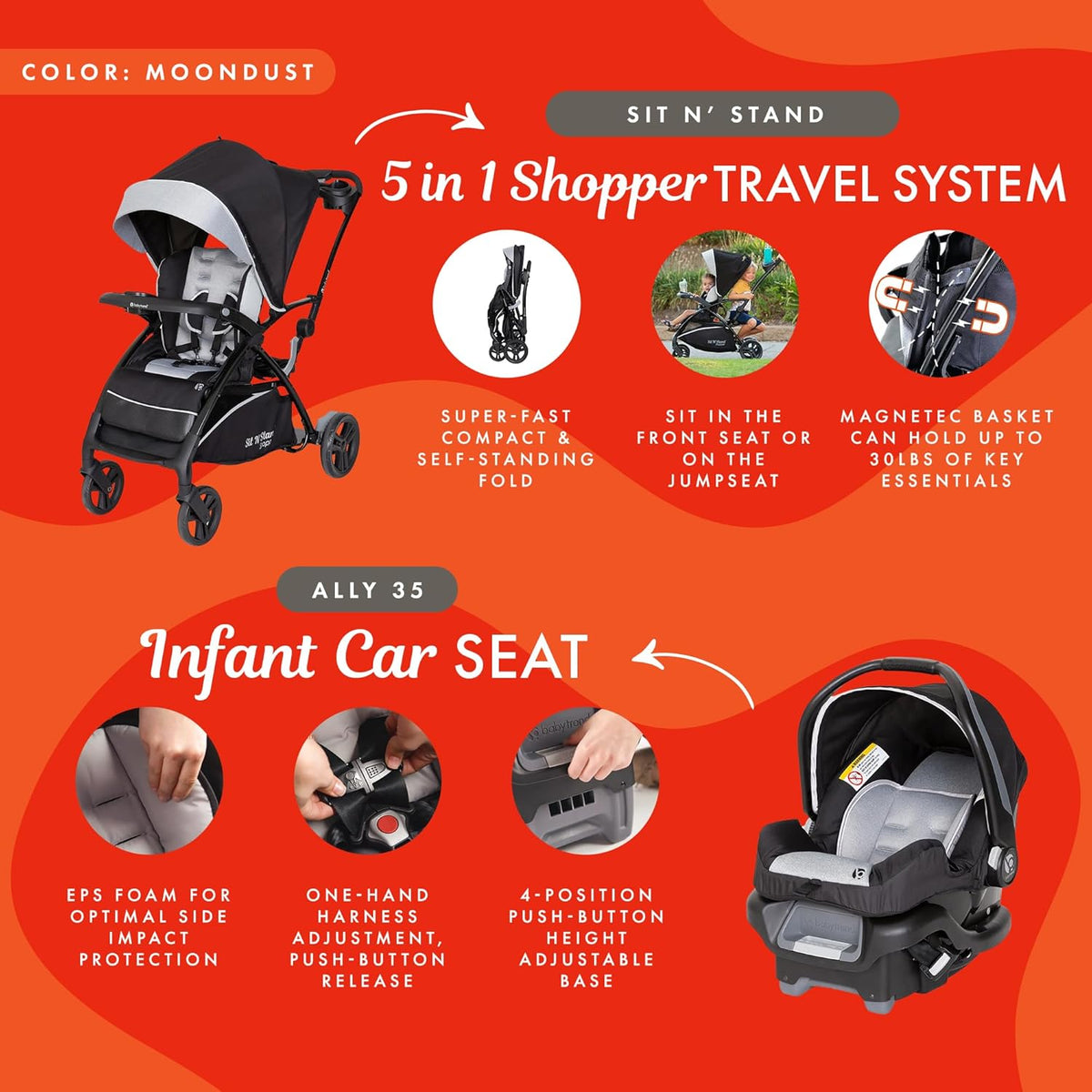 Baby Trend Sit N’ Stand 5 - in - 1 Shopper Travel System (Moondust) - Kidsy
