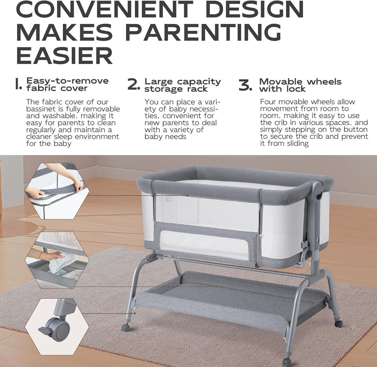 BabyBond 3 in 1 Baby Bassinet Bedside Sleeper (Grey) - Kidsy