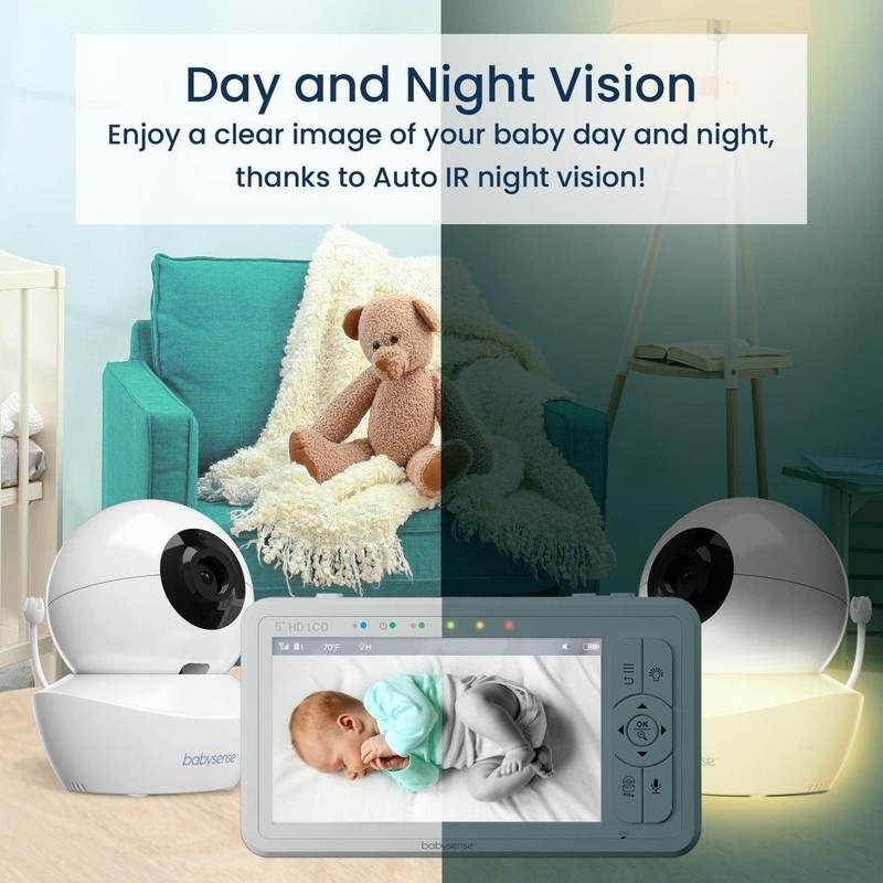 Babysense HD S2: Video Baby Monitor with 2 Cameras, Non Wifi, Split Screen & Night Light Machine - Kidsy