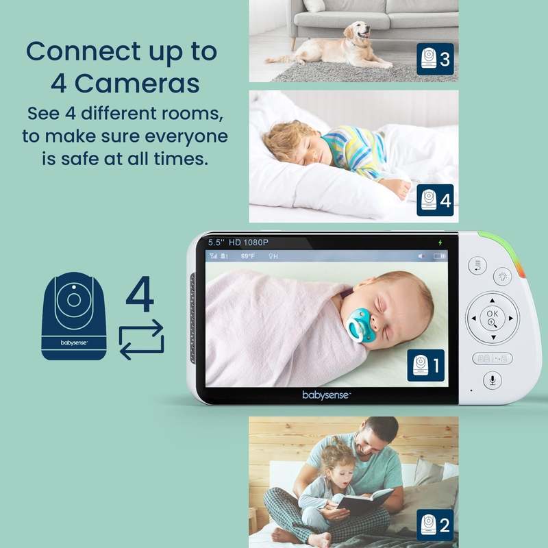 Babysense Max View: Video Baby Monitor with 2 Cameras, Non Wifi, Split Screen, Night Light & Sound Machine - Kidsy